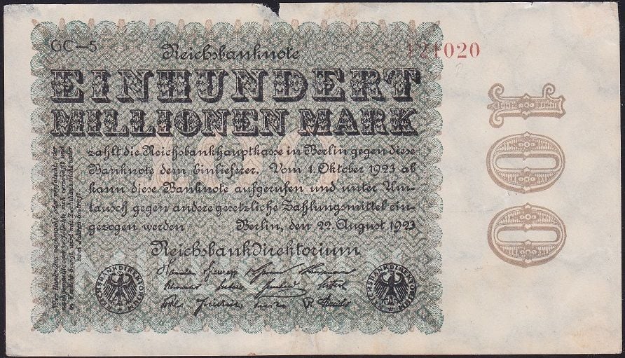 Almanya 100 Milyon Mark 1923 Temiz
