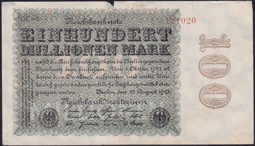 Almanya 100 Milyon Mark 1923 Temiz