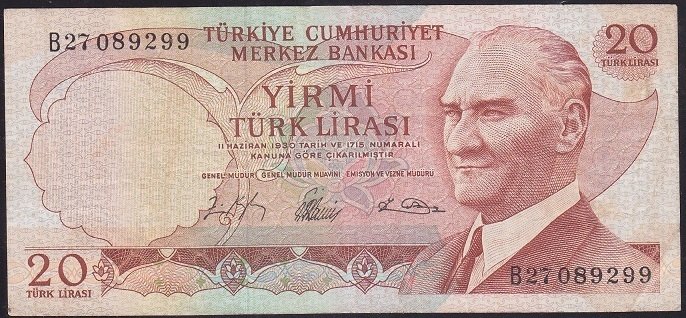 6.EMİSYON 1.TERTİP 20 LİRA B27 089299 ÇOK TEMİZ