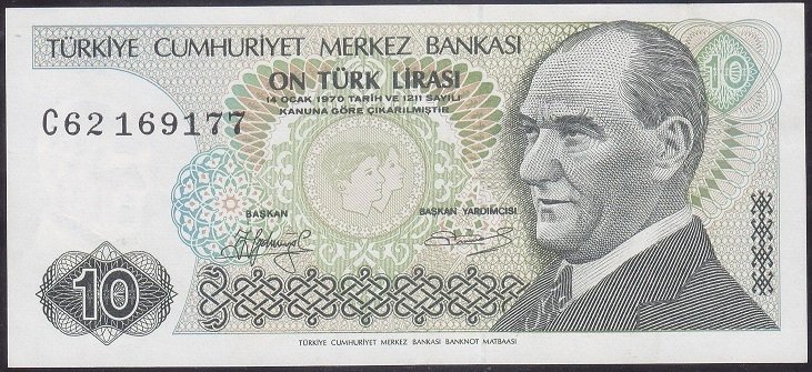 7.Emisyon 1.Tertip 10 Lira C62 169177 Çok Çok Temiz + Kısa Kaş