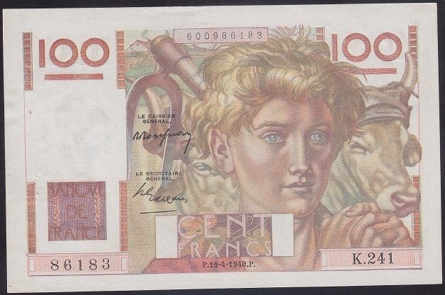 FRANSA 100 FRANK 1948 ÇİLALTI ( ZIMBA DELİĞİ VAR)