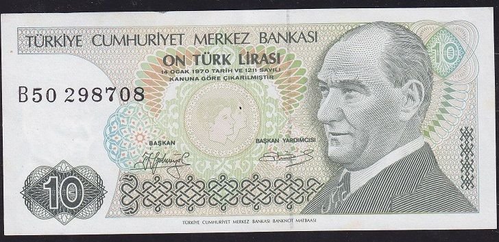 7.Emisyon 1.Tertip 10 Lira B50 298708 Ççt Çilaltı Kısa Kaş