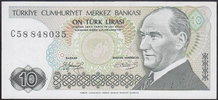 7.Emisyon 1.Tertip 10 Lira C58 848035 Çok Çok Temiz + Kısa Kaş