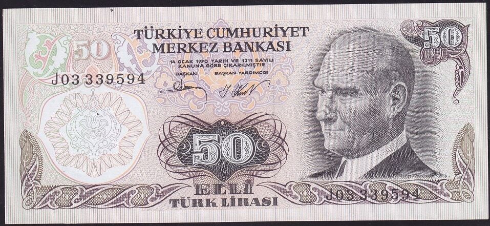 6.Emisyon 2.Tertip 50 Lira J03 339594 Çilaltı