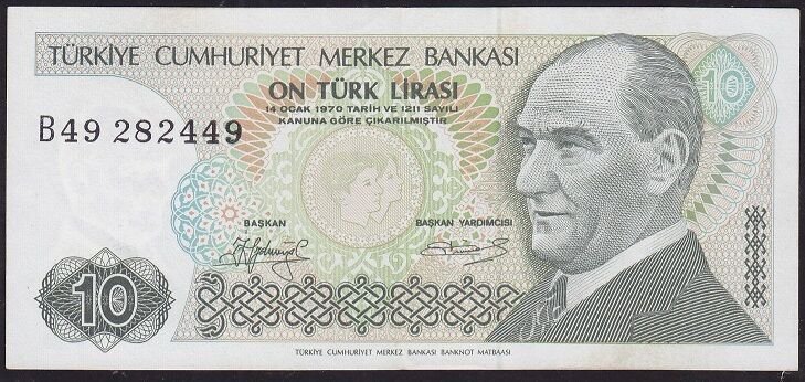 7.Emisyon 1.Tertip 10 Lira B49 282449 Çilaltı Kısa Kaş