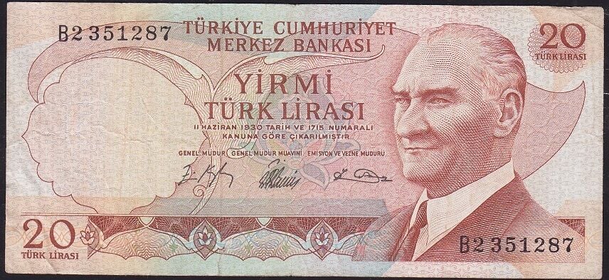 6.Emisyon 1.Tertip 20 Lira B2 351287 Temiz ( Alt Bordürde Açılma Var )