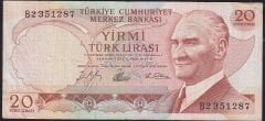6.Emisyon 1.Tertip 20 Lira B2 351287 Temiz ( Alt Bordürde Açılma Var )