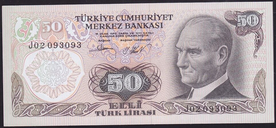6.Emisyon 2.Tertip 50 Lira J02 093093 Çilaltı Çil