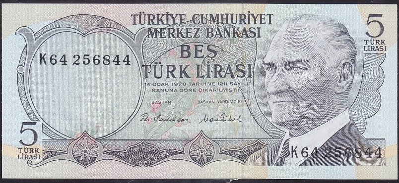 6.Emisyon 2.Tertip 5 Lira K64 256844 Çil