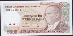 7.Emisyon 2.Tertip 5000 Lira C31 428383 Çilaltı Çil ( Kulakta Kat var )