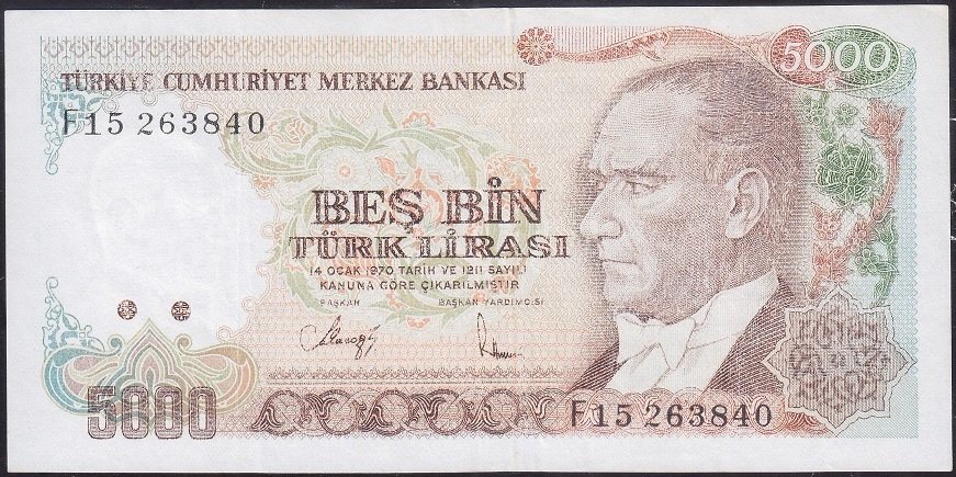 7.Emisyon 3.Tertip 5000 Lira F15 263840 Çok Temiz ( yıkanmış )