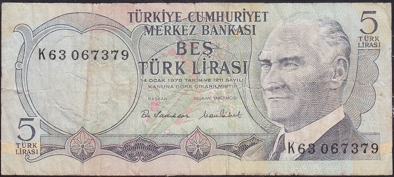 6.Emisyon 2.Tertip 5 Lira K63 067379 Çok Temiz