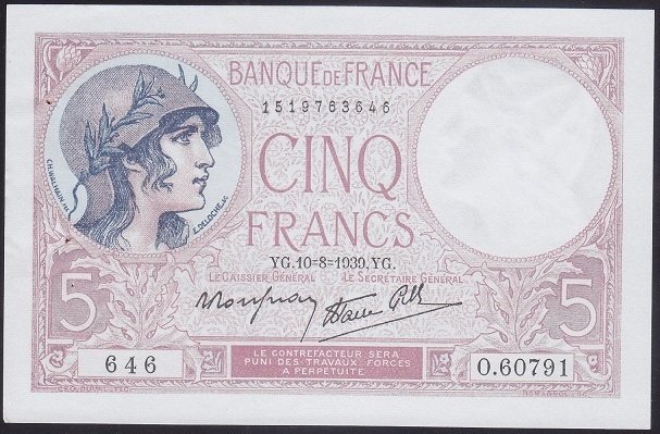 FRANSA 5 FRANK 1939 ÇİLALTI ÇİL (ZIMBA DELİĞİ VAR)