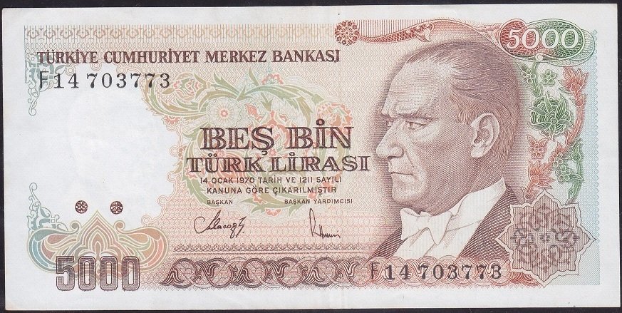 7.Emisyon 3.Tertip 5000 Lira F14 703773 Çok Temiz +