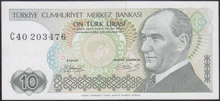 7.Emisyon 1.Tertip 10 Lira C40 203476 Çilaltı Kısa Kaş