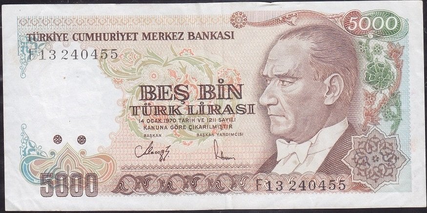 7.Emisyon 3.Tertip 5000 Lira F13 240455 Çok Temiz +