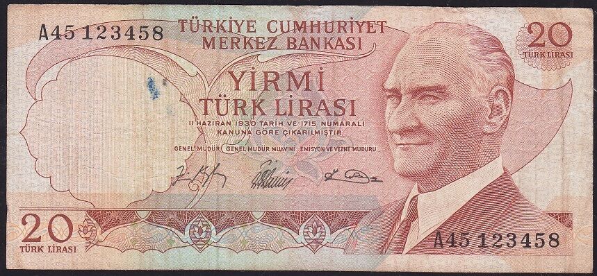 6.Emisyon 1.Tertip 20 Lira A45 123458 Çok Temiz