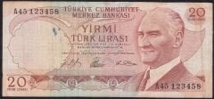 6.Emisyon 1.Tertip 20 Lira A45 123458 Çok Temiz