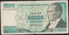 7.Emisyon 1.Tertip 50000 Lira A31 136436 Çok Temiz