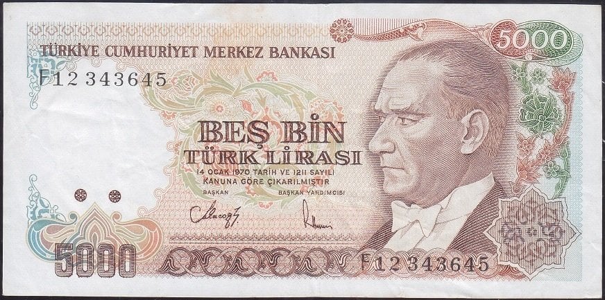 7.Emisyon 3.Tertip 5000 Lira F12 343645 Çok Temiz +