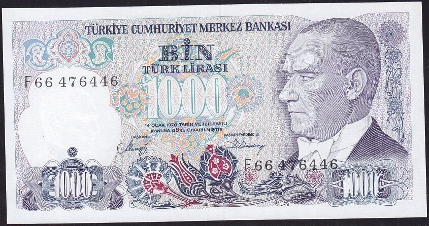 7.Emisyon 2.Tertip 1000 Lira F66 476446 Çil