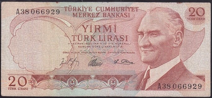 6.EMİSYON 1.TERTİP 20 LİRA A38 066929 TEMİZ