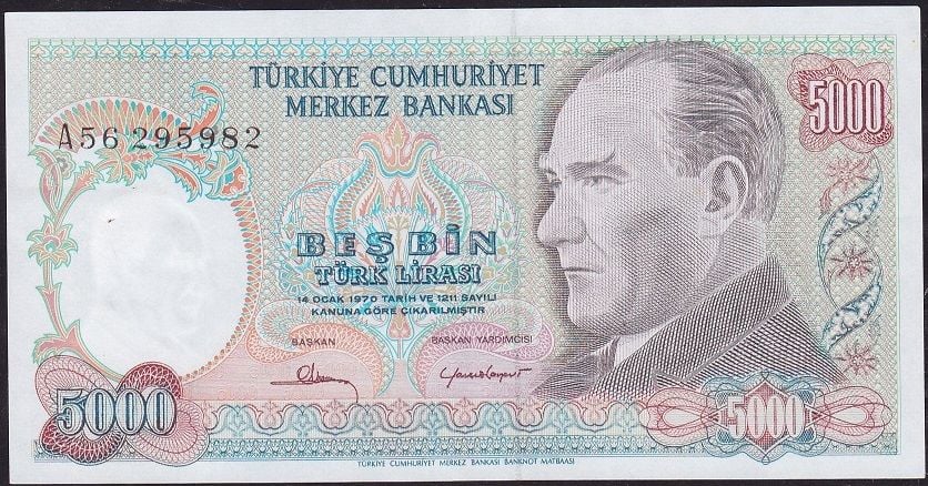 7.Emisyon 1.Tertip 5000 Lira A56 295982 Çilaltı