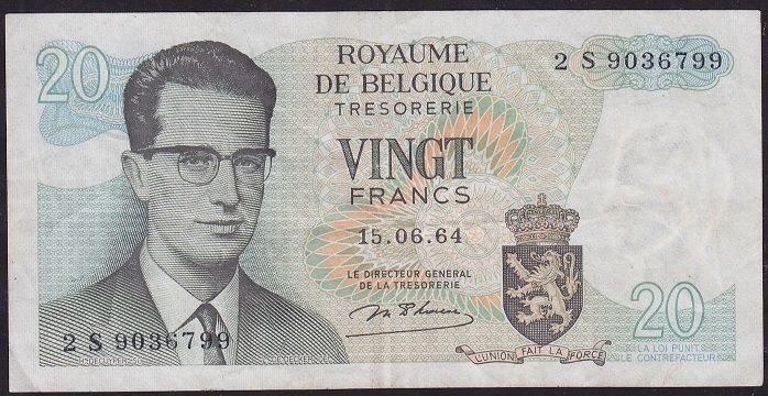 Belçika 20 Frank 1964 Çok Temiz+ Pick 138