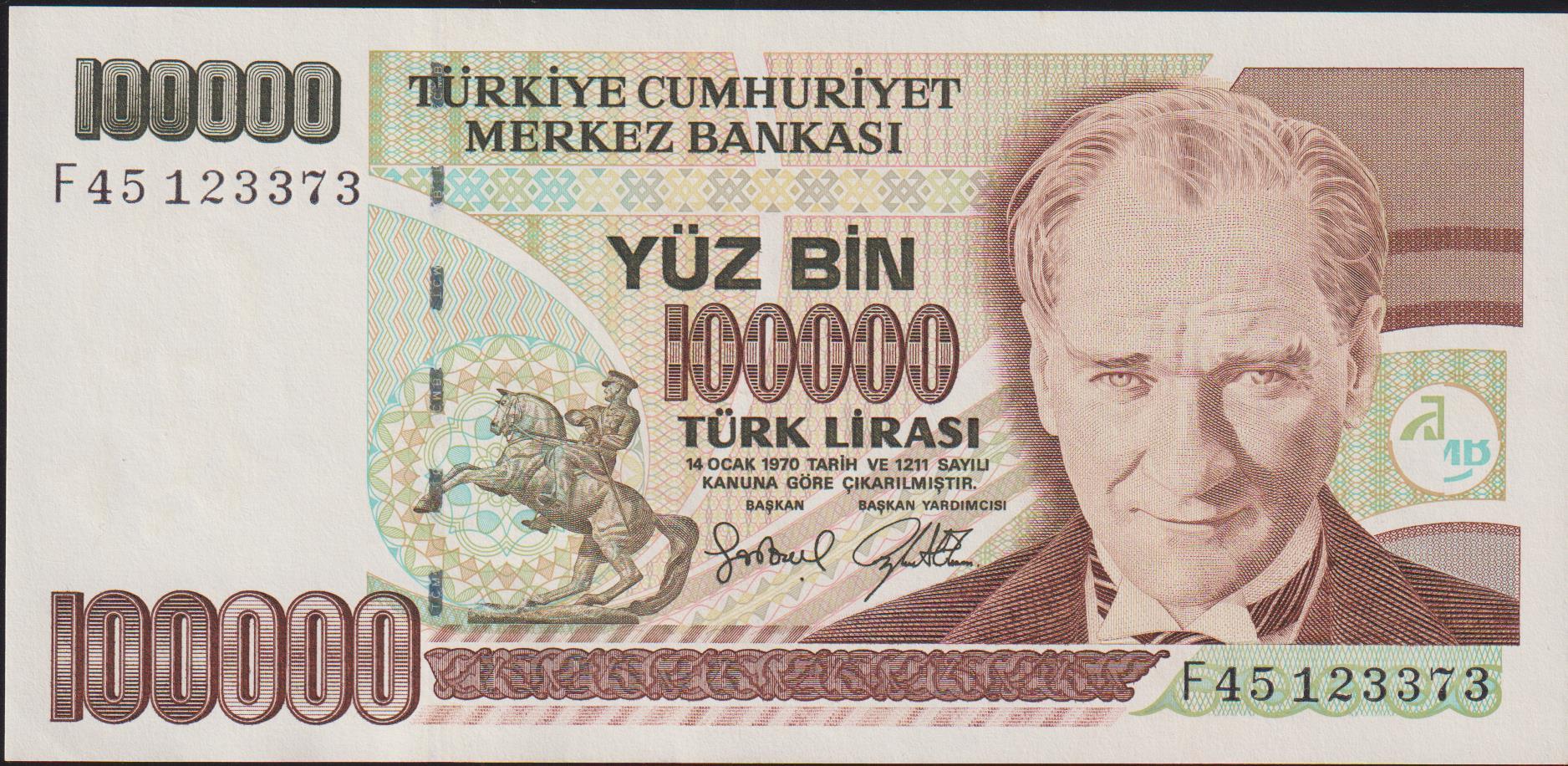 7.Emisyon 3.Tertip 100000 Lira F45 123373 Çilaltı