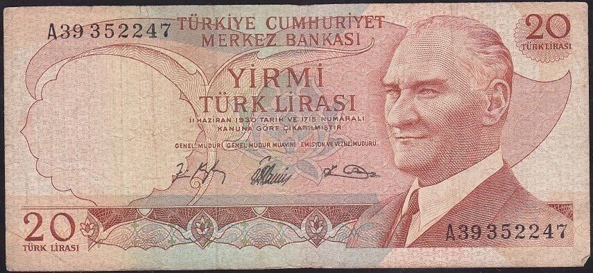 6.Emisyon 1.Tertip 20 Lira A39 352247 Çok Temiz