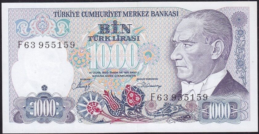 7.Emisyon 2.Tertip 1000 Lira F63 955159 Çil