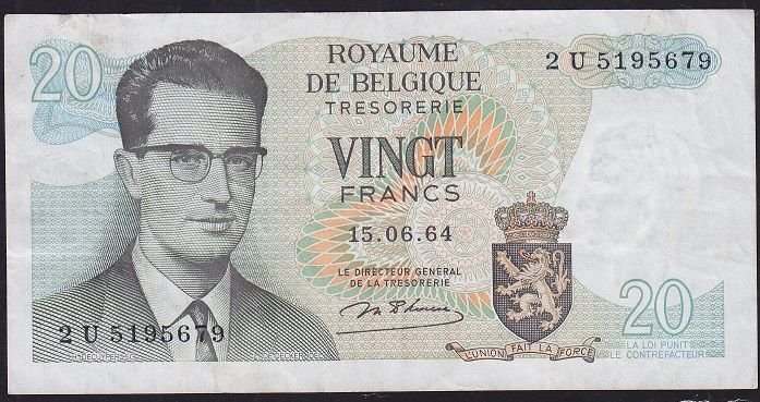 Belçika 20 Frank 1964 Çok Temiz+ Pick 138