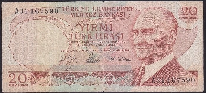 6.EMİSYON 1.TERTİP 20 LİRA A34 167590 TEMİZ (YIKANMIŞ)