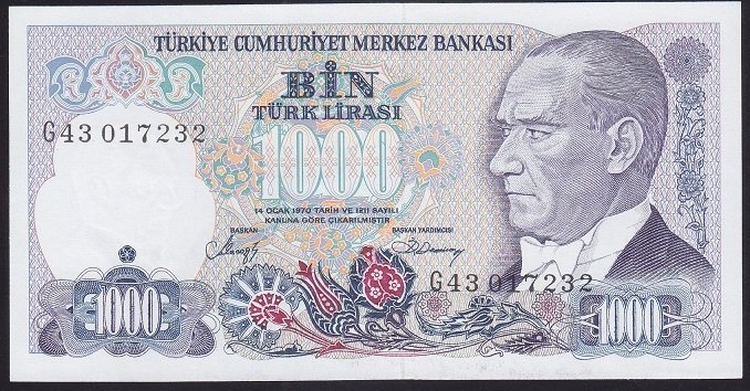 7.EMİSYON 2.TERTİP 1000 LİRA G43 017232 ÇİL