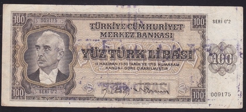 3.EMİSYON BERLİN 100 LİRA G2 009175 ÇOK TEMİZ   ( İPTAL KAŞELİ)