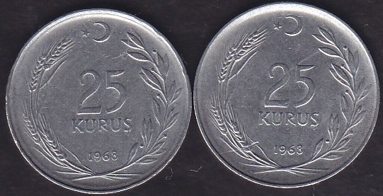 1968 Yılı 25 Kuruş (Ters Düz Takım )