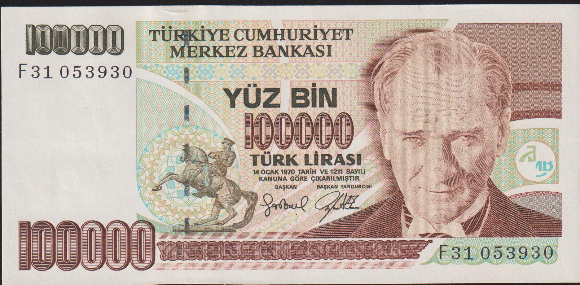 7.Emisyon 3.Tertip 100000 Lira F31 053930 Çilaltı Çil