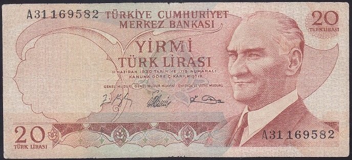 6.EMİSYON 1.TERTİP 20 LİRA A31 169582 TEMİZ (YIKANMIŞ)