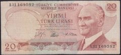 6.EMİSYON 1.TERTİP 20 LİRA A31 169582 TEMİZ (YIKANMIŞ)