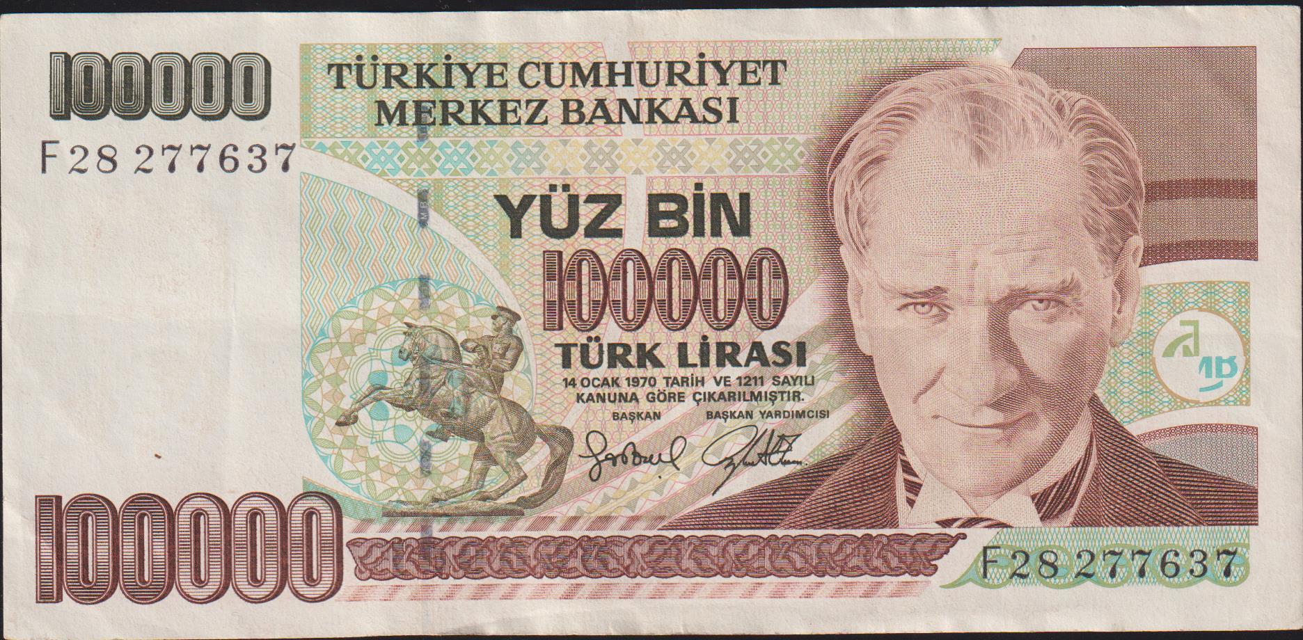7.Emisyon 3.Tertip 100000 Lira F28 277637 Çok Temiz+
