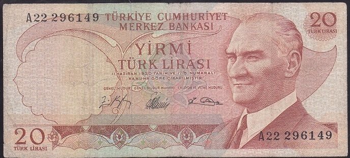 6.EMİSYON 1.TERTİP 20 LİRA A22 296149 TEMİZ