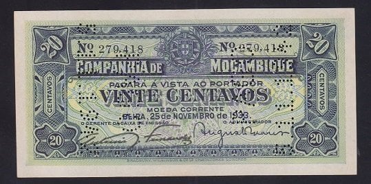 Mozambik 20 Centavos 1933 İptal Delikli Çilaltı Çil