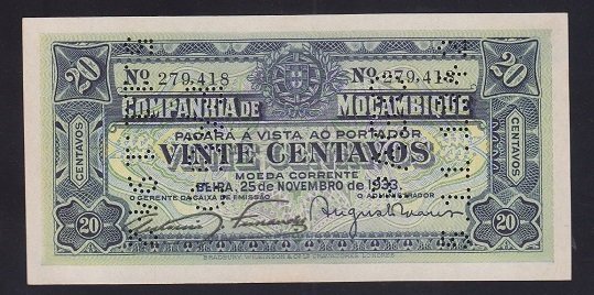 Mozambik 20 Centavos 1933 İptal Delikli Çilaltı Çil