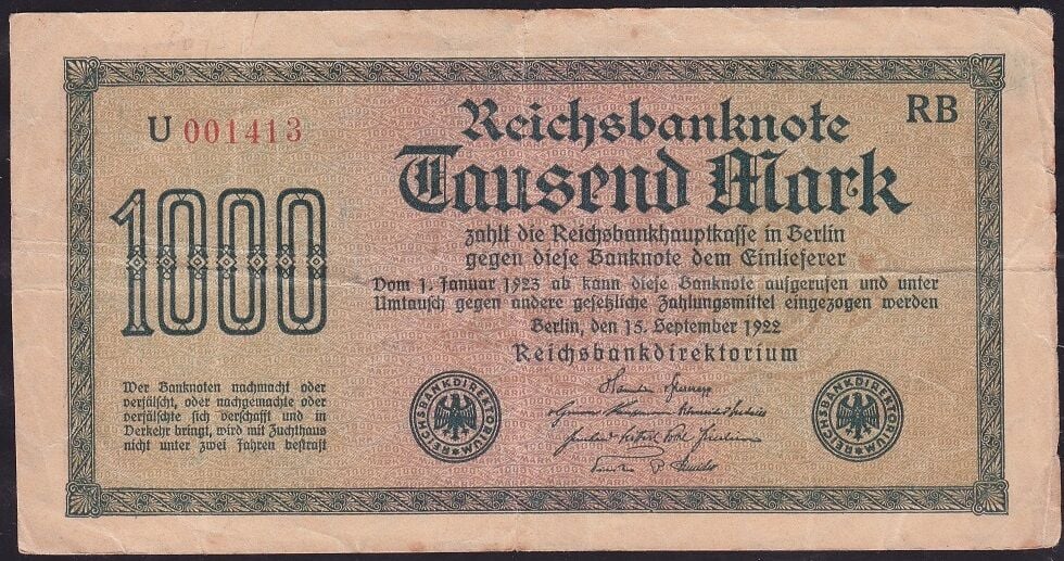 Almanya 1000 Mark 1922 Çok Temiz