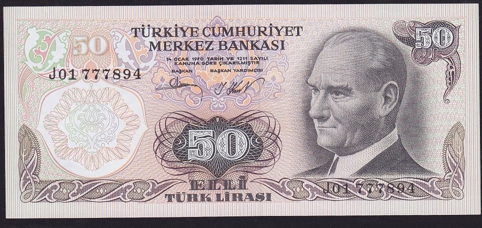 6.Emisyon 2.Tertip 50 Lira J01 777894 Çilaltı