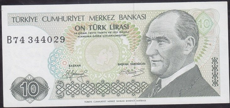 7.Emisyon 1.Tertip 10 Lira B74 344029 Çilaltı Kısa Kaş