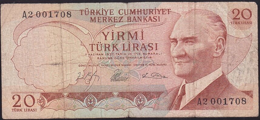 6.Emisyon 1.Tertip 20 Lira A2 001708 Çok Temiz