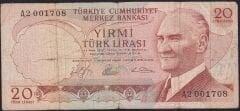 6.Emisyon 1.Tertip 20 Lira A2 001708 Çok Temiz