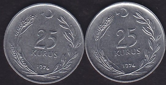 1974 Yılı 25 Kuruş (Ters Düz Takım)
