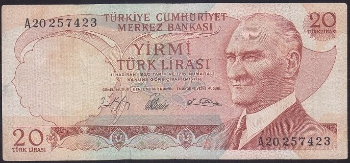 6.EMİSYON 1.TERTİP 20 LİRA A20 257423 TEMİZ